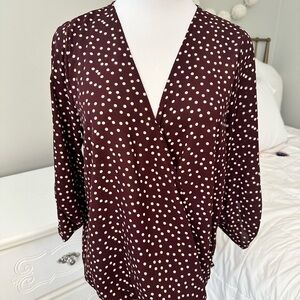 West Kei Maroon and White Polka Dot Faux Wrap Blouse S Coquette Coastal Career